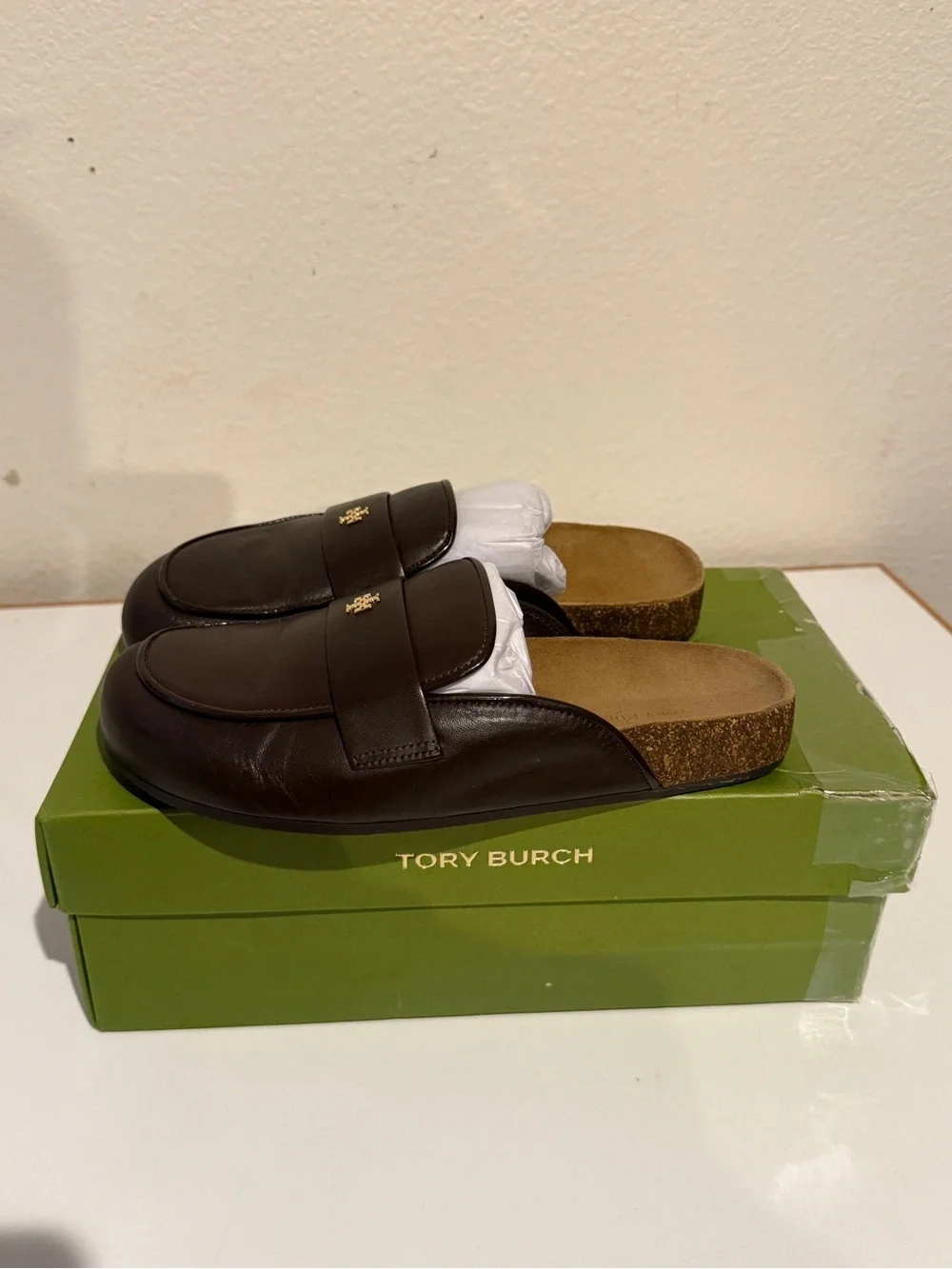 Tory Burch Everly cork leather mules deep mocha brown size 6.5 like new w/box